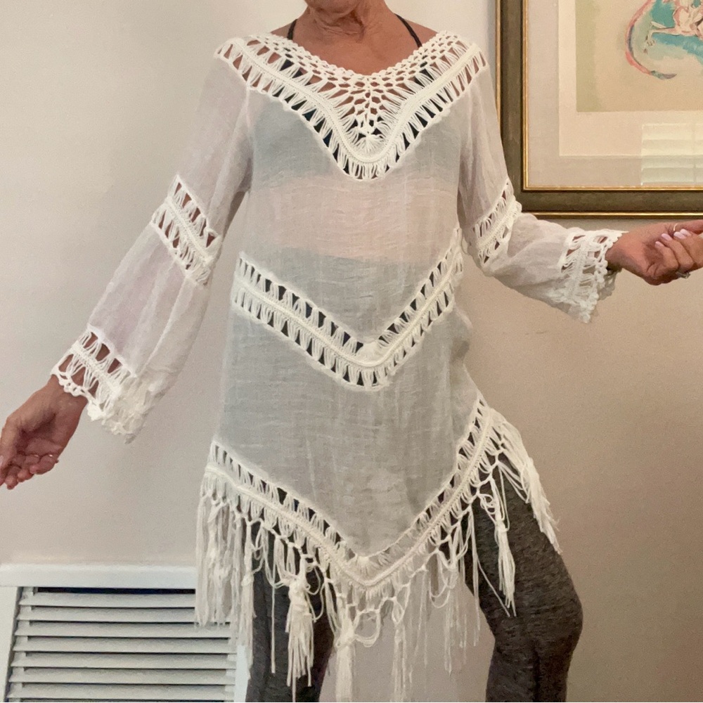 Cotton bathing suit cover white with fringe s/m